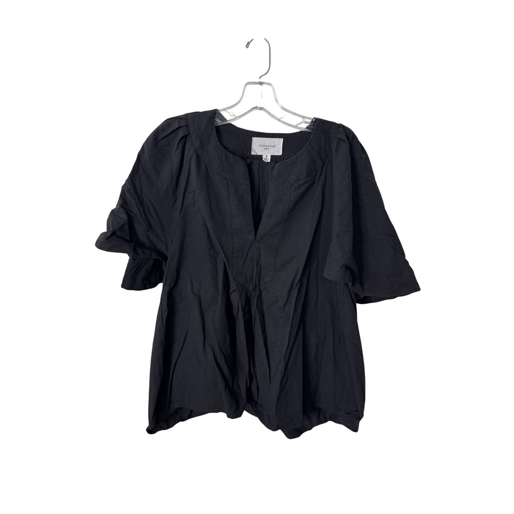 Pomander Place Blouse Black Cotton Puff Sleeve Split Neck Y20476T Small